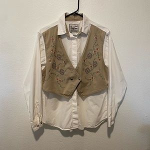 VTG Wrangler Women's Medium Embroidered Corduroy Attached Vest Button Shirt